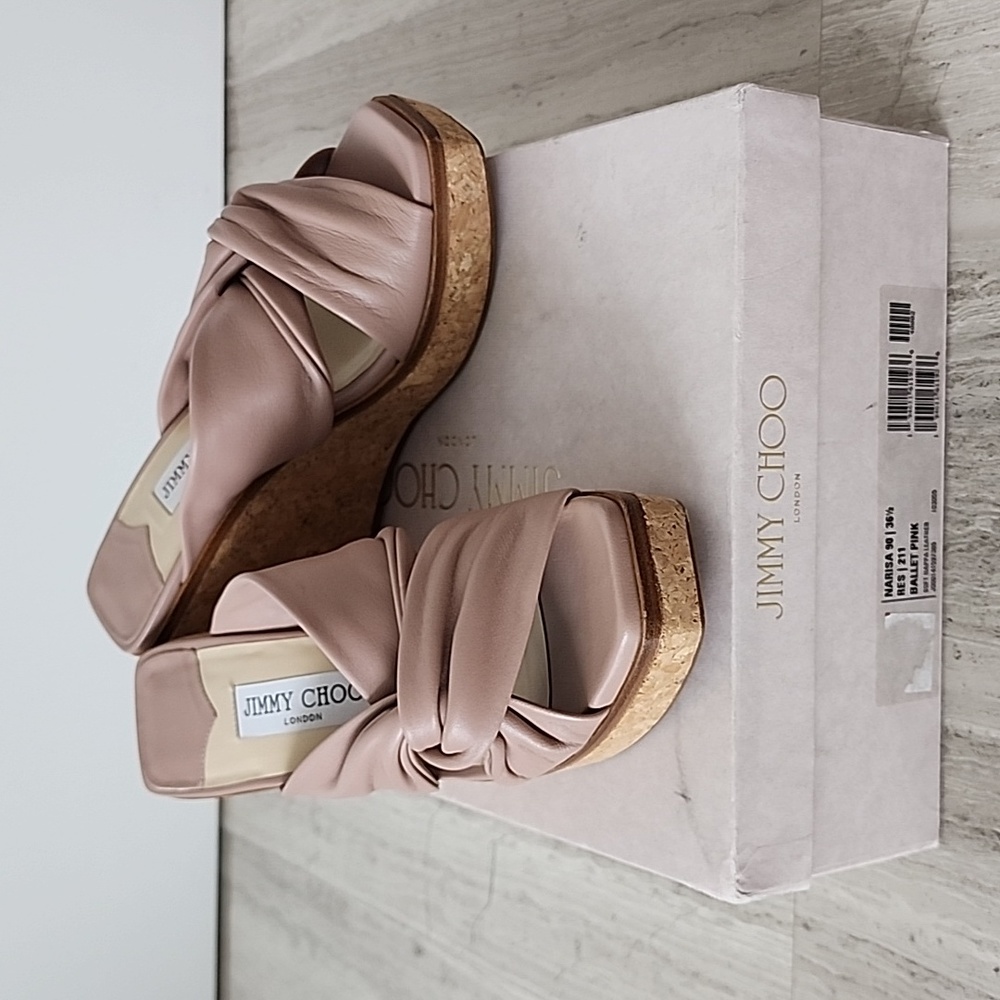 Jimmy Choo Tan Leather Wrap Wedges